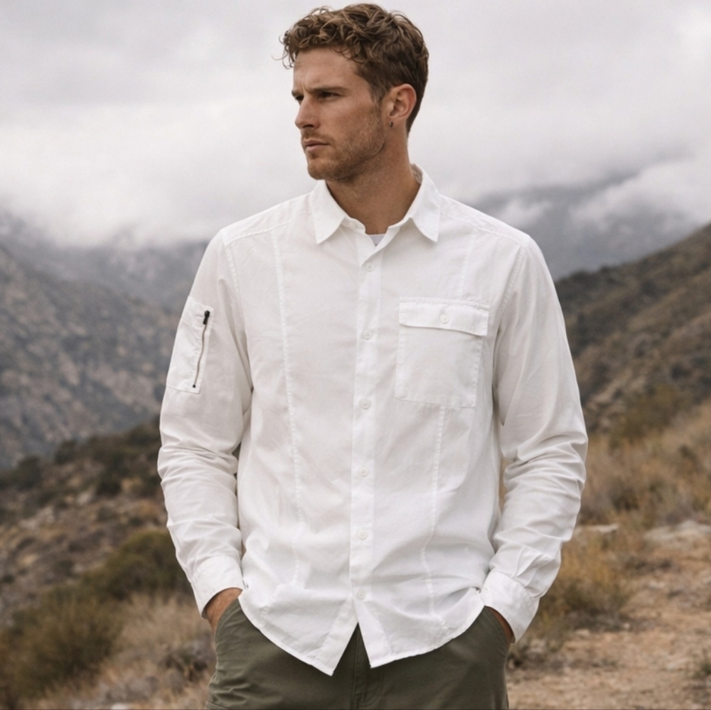 Nice Collective Men's White Button-Down Utility Long-Sleeve Shirt Size L USA